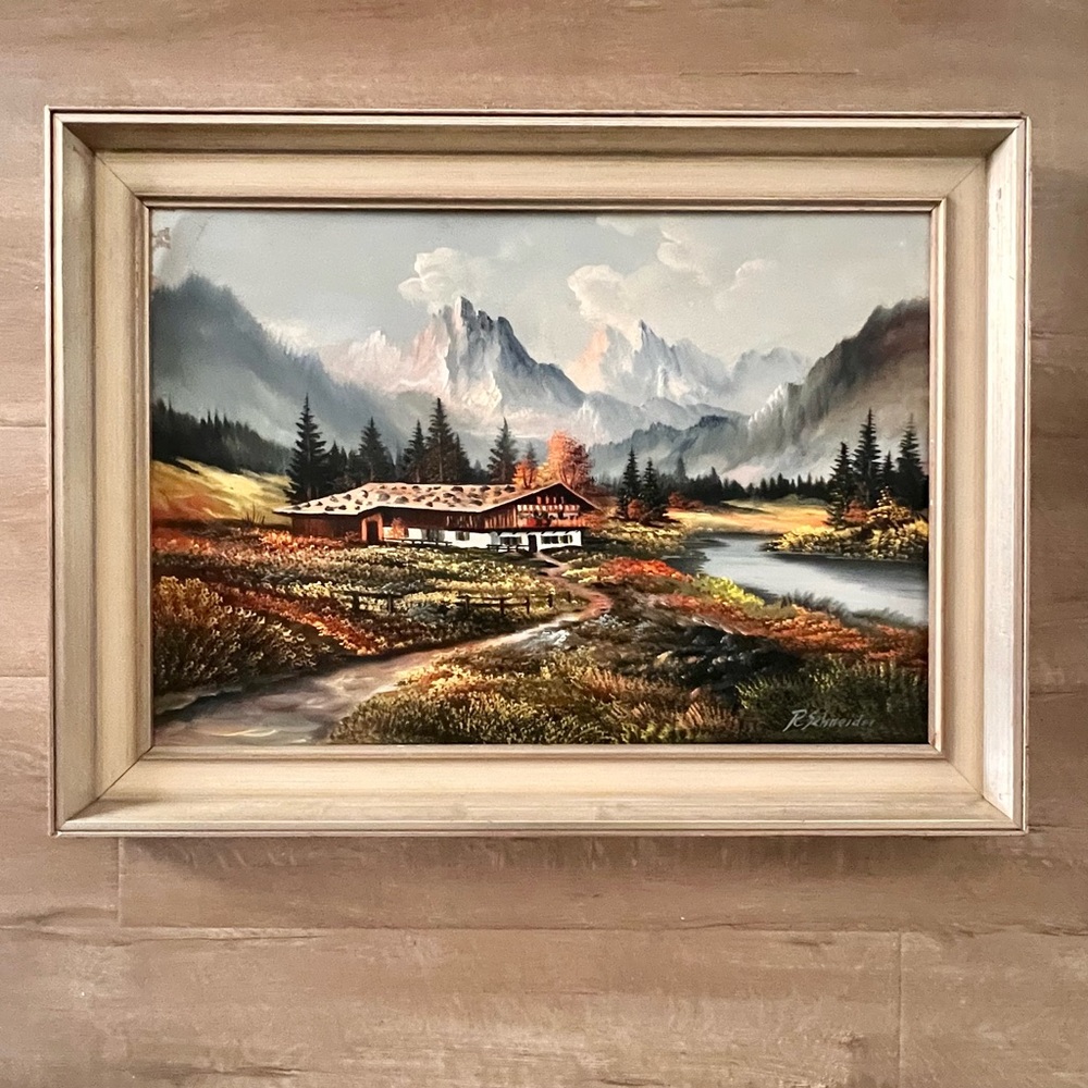 Vintage Orignal R. Schneider Signed Oil Painting, Wood Frame, 21”x28.5”, Cottage